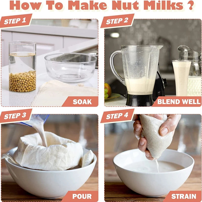 Nut Milk Bags Reusable Organic Cotton Nut Bag for Almond Milk Juice Cold Brew Coffee Tea Yogurt Filter Strainers Mesh Cheese Bag