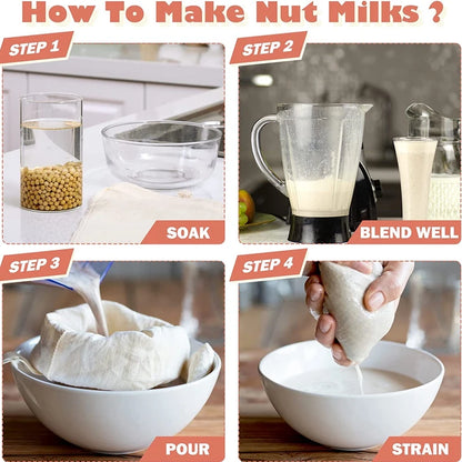 Nut Milk Bags Reusable Organic Cotton Nut Bag for Almond Milk Juice Cold Brew Coffee Tea Yogurt Filter Strainers Mesh Cheese Bag