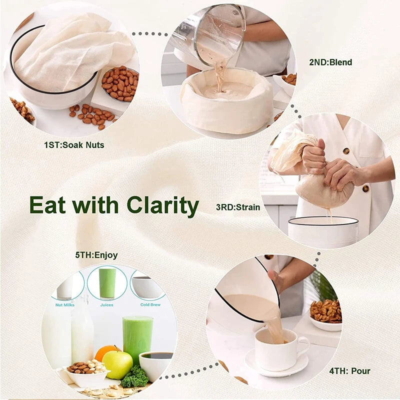 Nut Milk Bags Reusable Organic Cotton Nut Bag for Almond Milk Juice Cold Brew Coffee Tea Yogurt Filter Strainers Mesh Cheese Bag