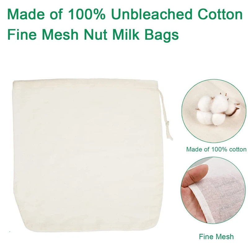 Nut Milk Bags Reusable Organic Cotton Nut Bag for Almond Milk Juice Cold Brew Coffee Tea Yogurt Filter Strainers Mesh Cheese Bag
