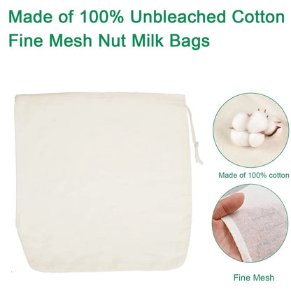 Nut Milk Bags Reusable Organic Cotton Nut Bag for Almond Milk Juice Cold Brew Coffee Tea Yogurt Filter Strainers Mesh Cheese Bag