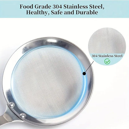 Deep Fine Mesh Strainer Skimmer304Stainless Steel Cooking Spoon,Oil Skimmer&Strainer with Heat Resistant Handle,Dishwasher Safe